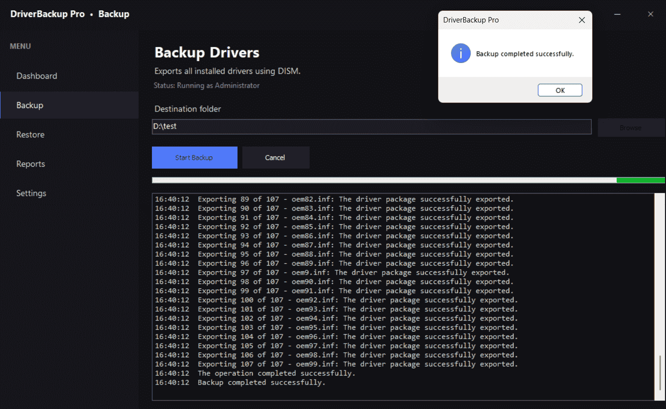 DriverBackup Pro Backup screen — select destination folder and start DISM driver export