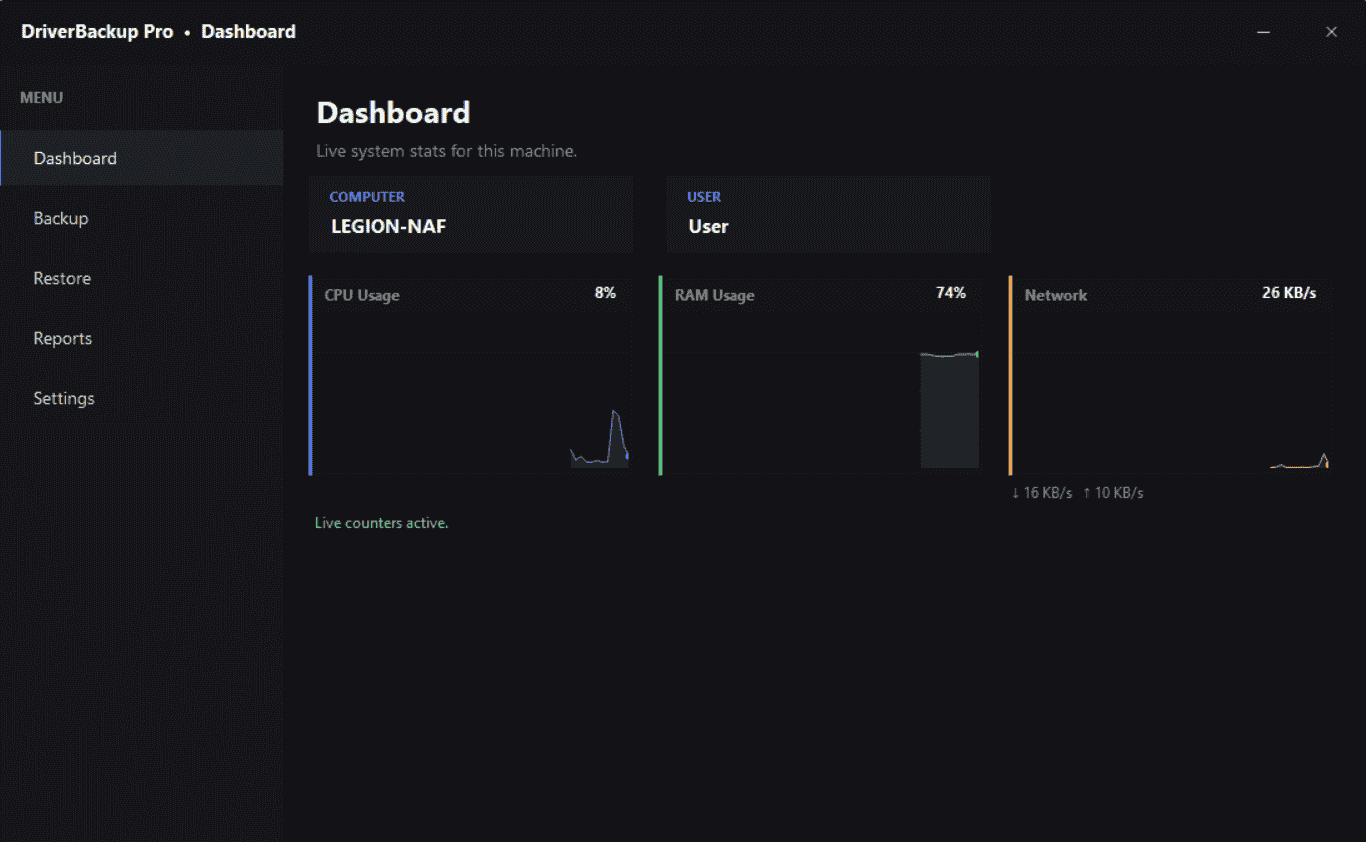 DriverBackup Pro live dashboard showing CPU usage, RAM, and real-time network speed