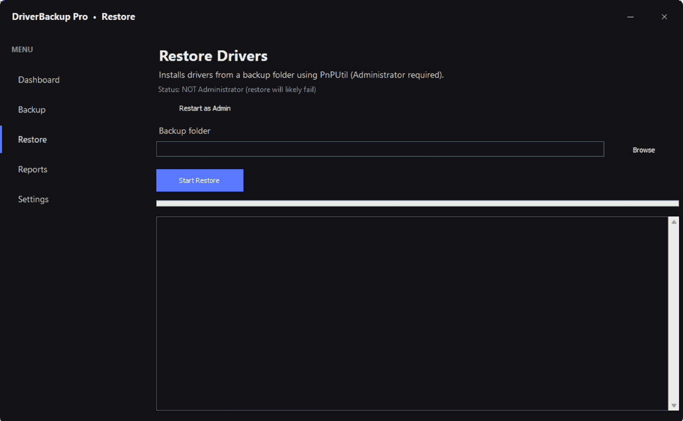 DriverBackup Pro Restore screen — point to backup folder and reinstall drivers with PnPUtil