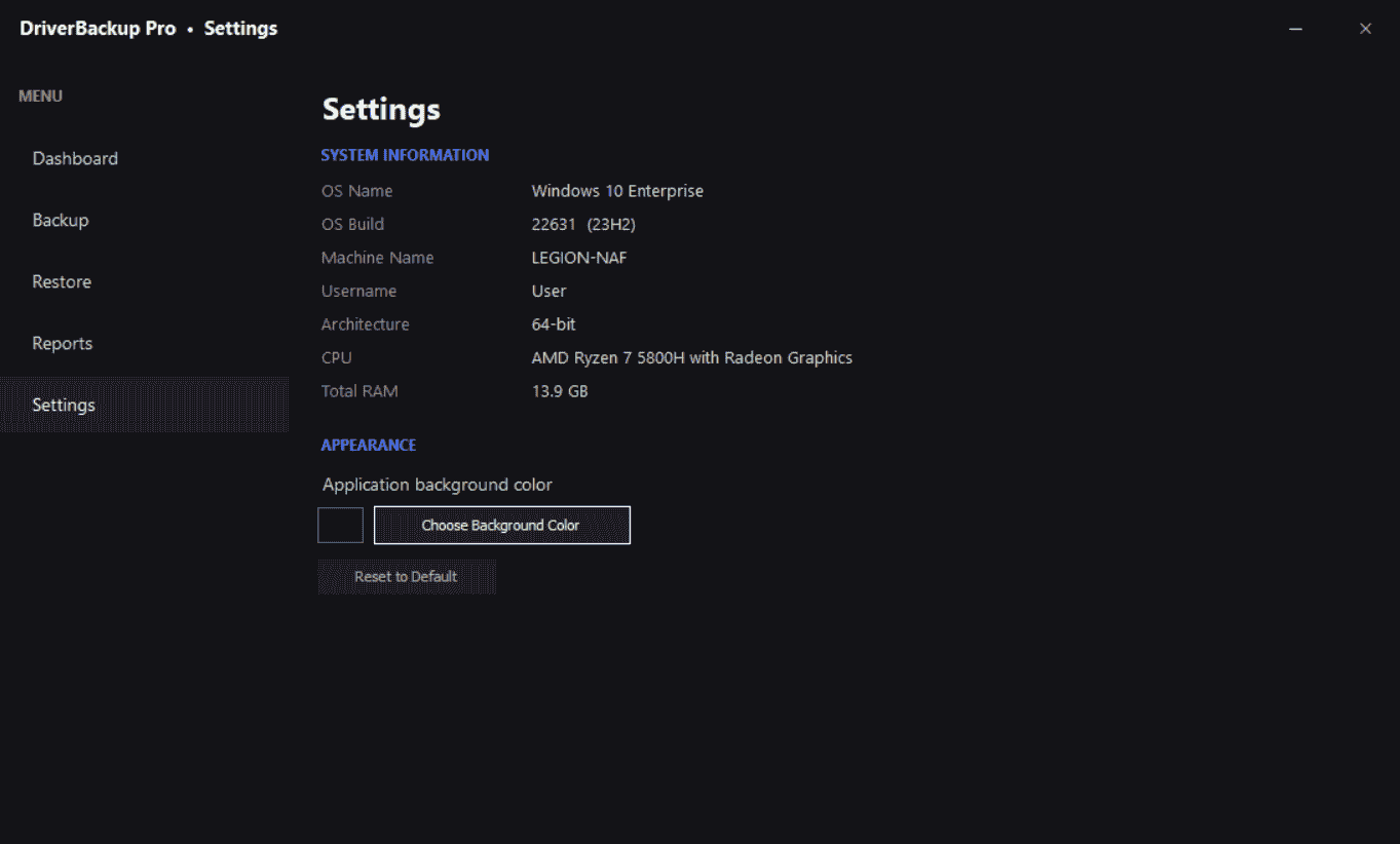 DriverBackup Pro Settings screen — full system information and background color customization